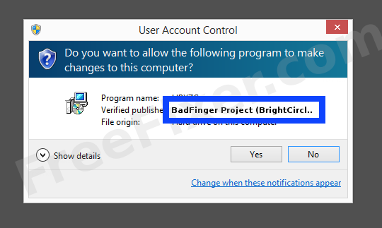 Screenshot where BadFinger Project (BrightCircle Investments Limited) appears as the verified publisher in the UAC dialog